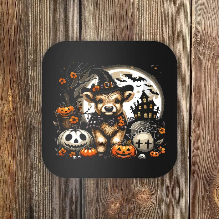 Halloween Highland Cow Print Witchy Cow Spooky Pumpkin Vneck Coaster