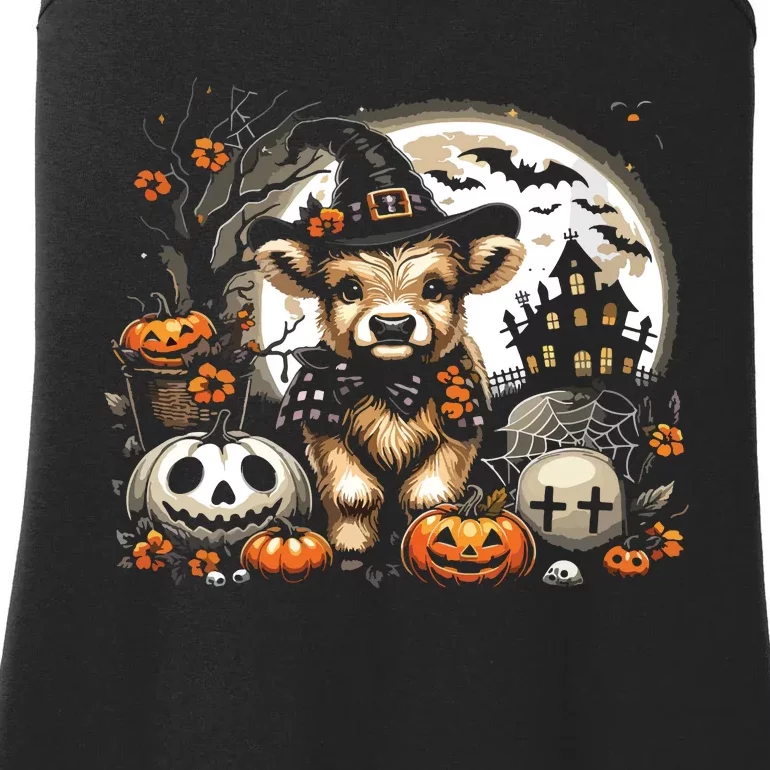 Halloween Highland Cow Print Witchy Cow Spooky Pumpkin Vneck Ladies Essential Tank