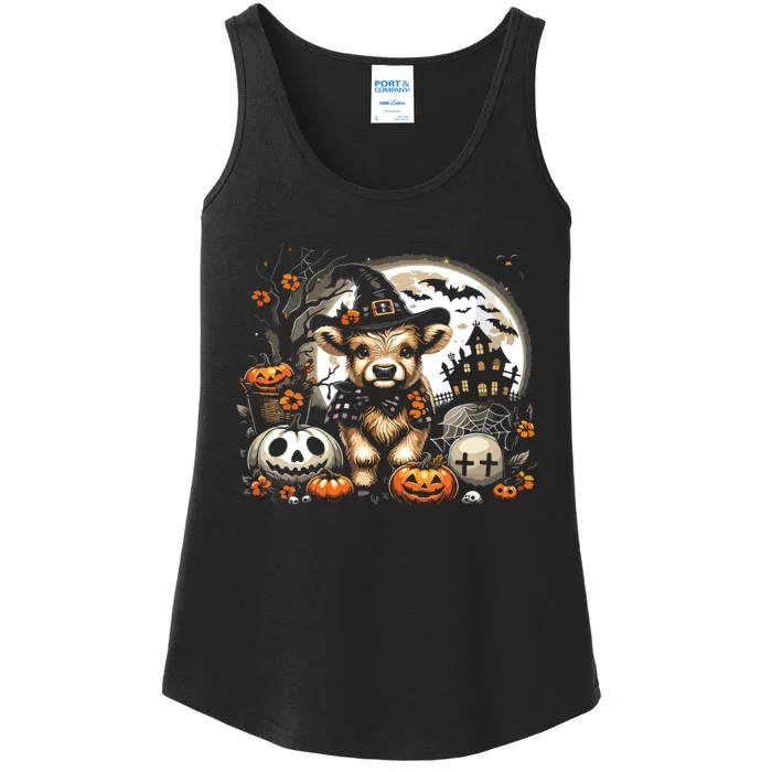 Halloween Highland Cow Print Witchy Cow Spooky Pumpkin Vneck Ladies Essential Tank