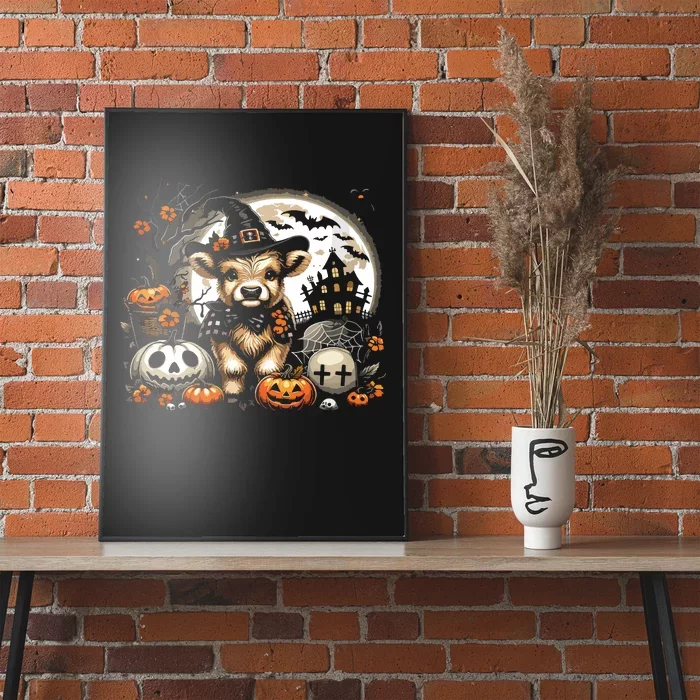 Halloween Highland Cow Print Witchy Cow Spooky Pumpkin Vneck Poster