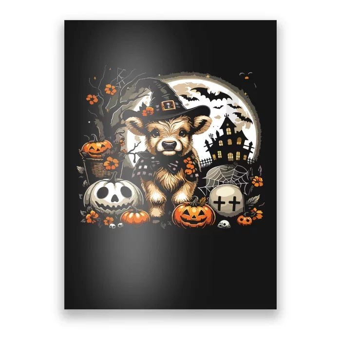 Halloween Highland Cow Print Witchy Cow Spooky Pumpkin Vneck Poster