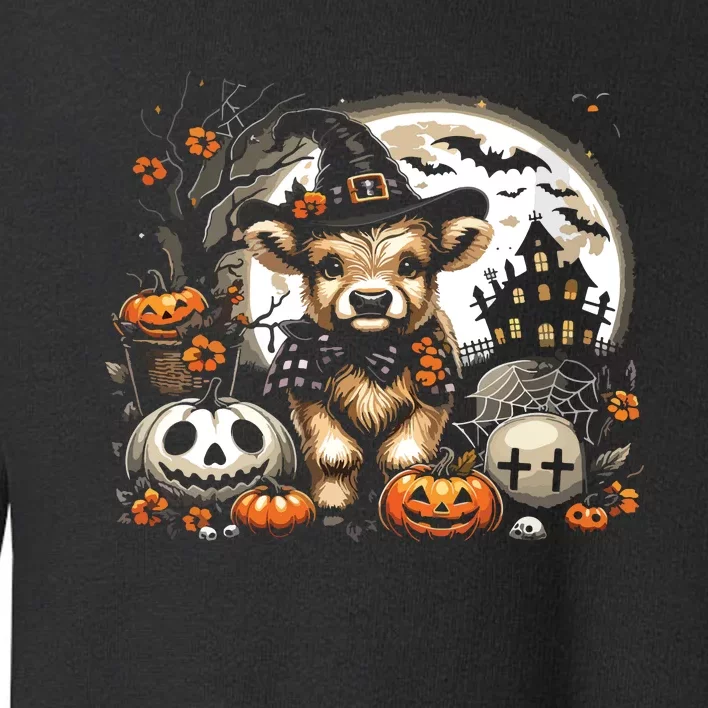 Halloween Highland Cow Print Witchy Cow Spooky Pumpkin Vneck Toddler Sweatshirt