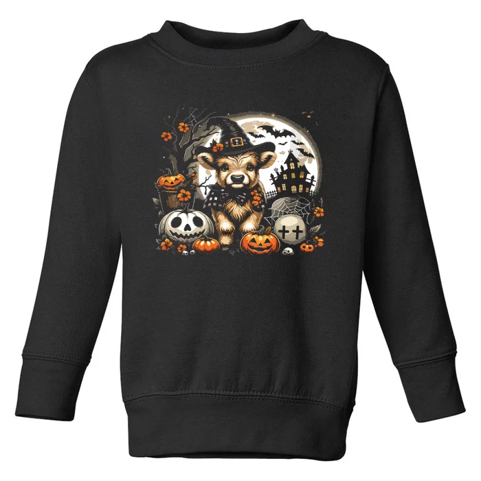 Halloween Highland Cow Print Witchy Cow Spooky Pumpkin Vneck Toddler Sweatshirt