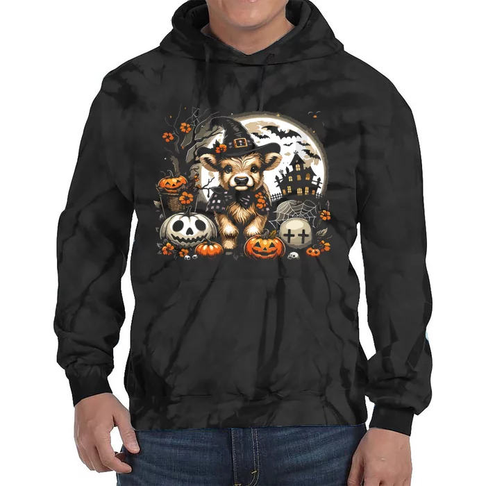 Halloween Highland Cow Print Witchy Cow Spooky Pumpkin Vneck Tie Dye Hoodie