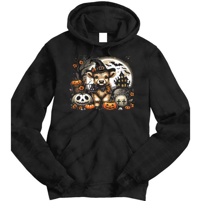 Halloween Highland Cow Print Witchy Cow Spooky Pumpkin Vneck Tie Dye Hoodie