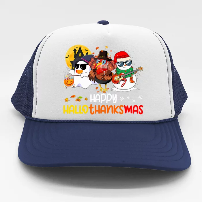 Happy Hallothanksmas Cute Ghost Halloween Thanksgiving Xmas Trucker Hat