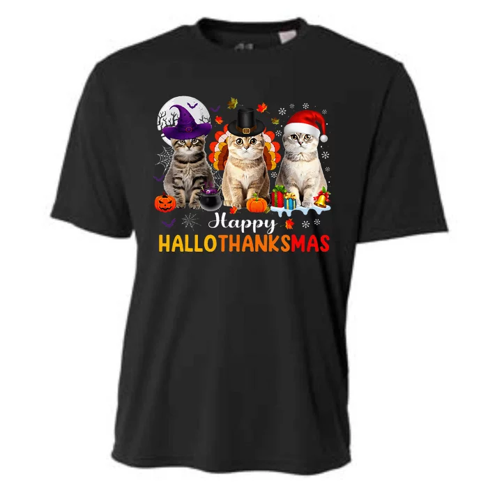 Happy Hallothanksmas Cats Halloween Thanksgiving Christmas Cooling Performance Crew T-Shirt