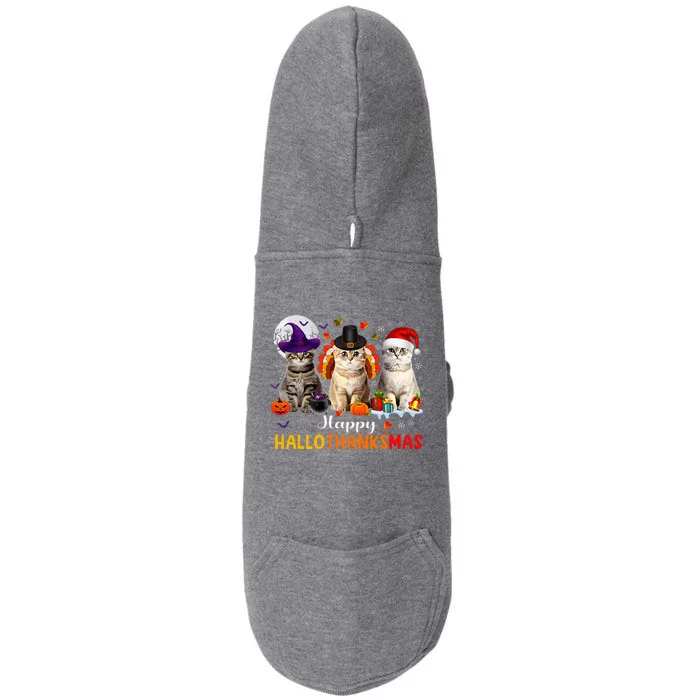 Happy Hallothanksmas Cats Halloween Thanksgiving Christmas Doggie 3-End Fleece Hoodie