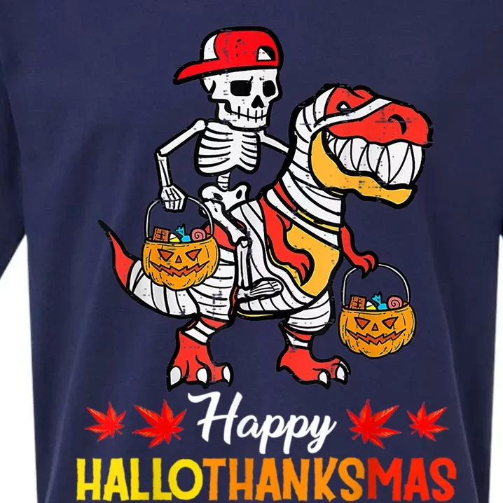 Happy Hallothanksmas Cool Skeleton Cap Dino Mummy Halloween Meaningful Gift Sueded Cloud Jersey T-Shirt