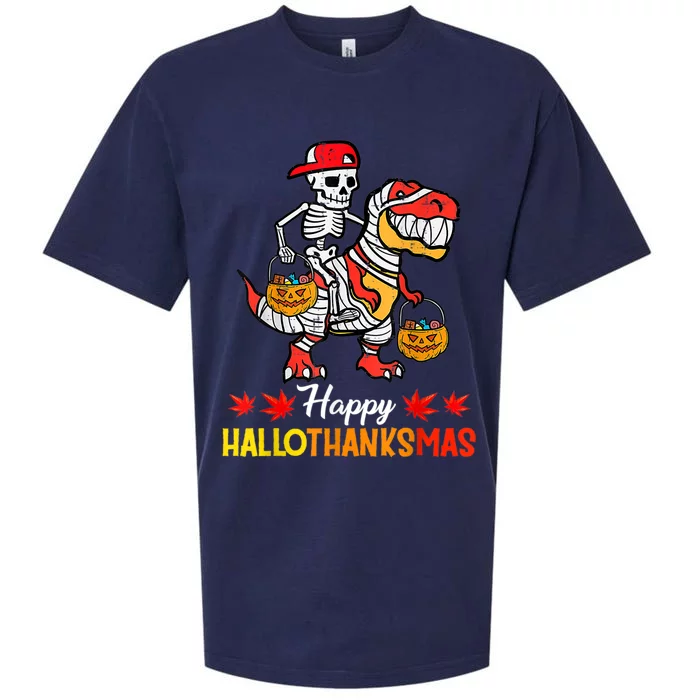 Happy Hallothanksmas Cool Skeleton Cap Dino Mummy Halloween Meaningful Gift Sueded Cloud Jersey T-Shirt