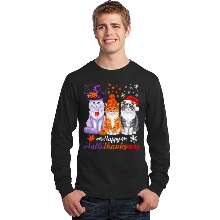 Happy Hallothanksmas Cats Halloween Thanksgiving Christmas Long Sleeve Shirt