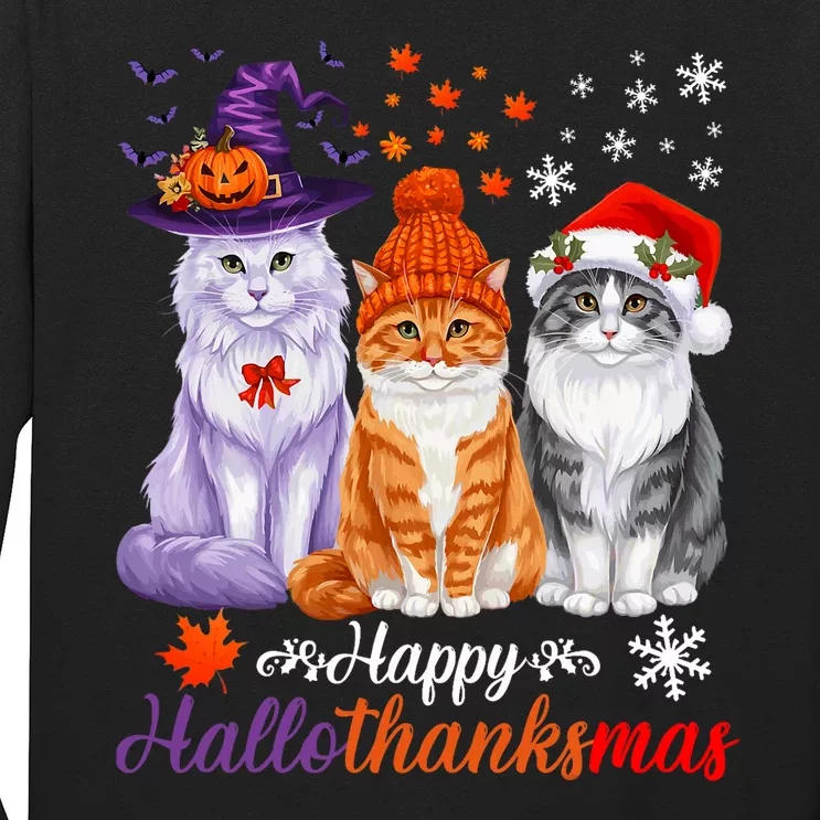 Happy Hallothanksmas Cats Halloween Thanksgiving Christmas Long Sleeve Shirt