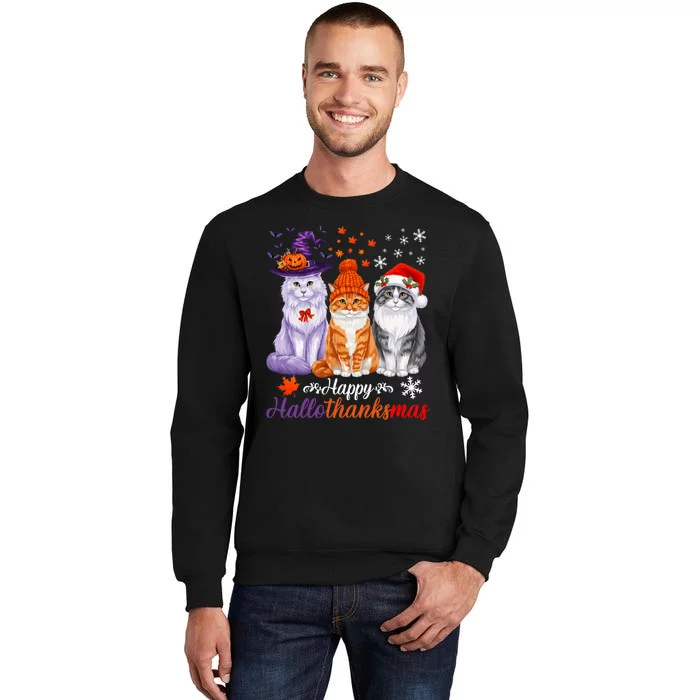 Happy Hallothanksmas Cats Halloween Thanksgiving Christmas Tall Sweatshirt