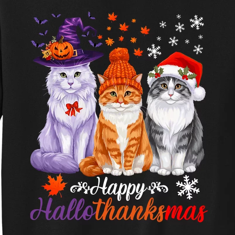 Happy Hallothanksmas Cats Halloween Thanksgiving Christmas Tall Sweatshirt