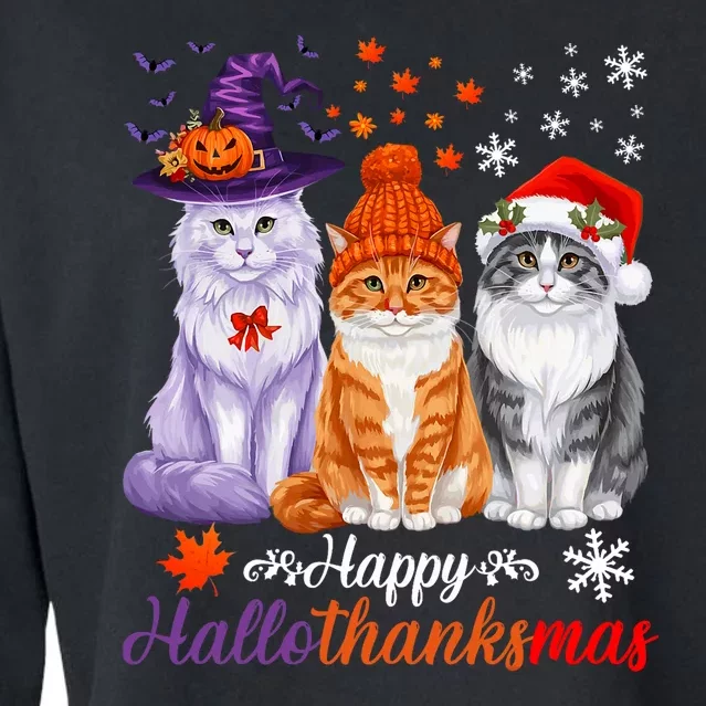 Happy Hallothanksmas Cats Halloween Thanksgiving Christmas Cropped Pullover Crew