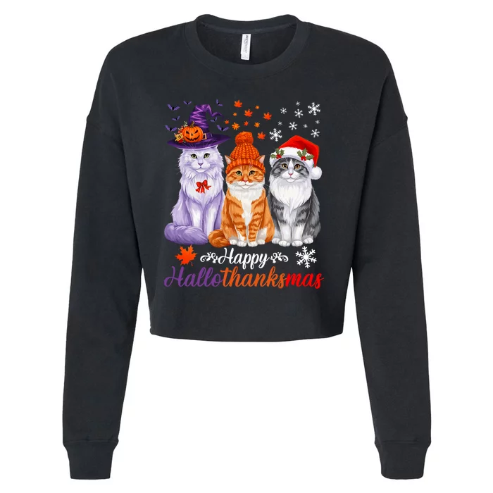 Happy Hallothanksmas Cats Halloween Thanksgiving Christmas Cropped Pullover Crew