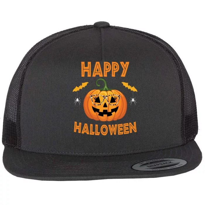 Happy Halloween Cute Pumpkin Leopard Flat Bill Trucker Hat