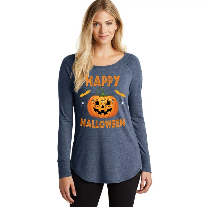 Happy Halloween Cute Pumpkin Leopard Women's Perfect Tri Tunic Long Sleeve Shirt