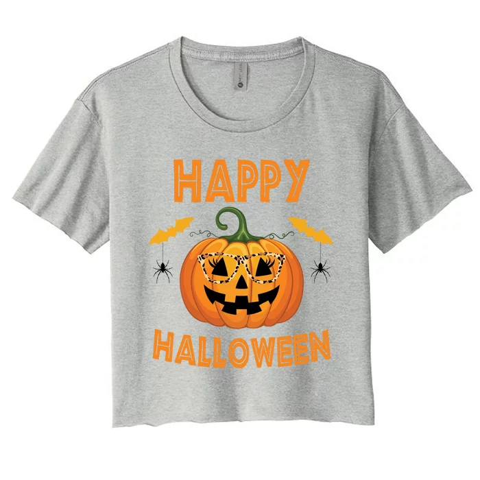 Happy Halloween Cute Pumpkin Leopard Women's Crop Top Tee