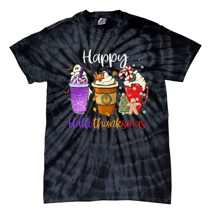 Happy Hallothanksmas Coffee Latte Halloween Thanksgiving Tie-Dye T-Shirt