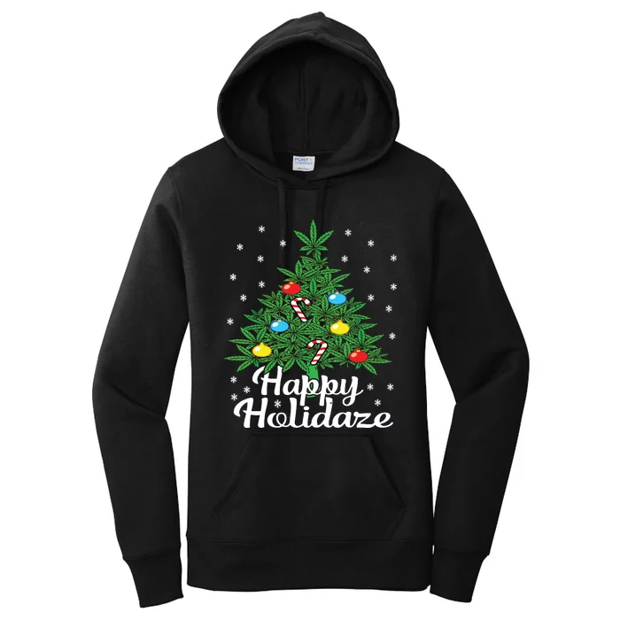 Happy Holidaze Cannabis Weed Leaf Christmas Tree Marijuana Women's Pullover Hoodie