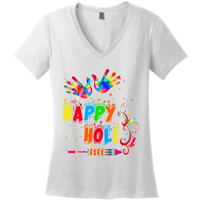 Happy Holi Color India Hindu Gift For Women's V-Neck T-Shirt