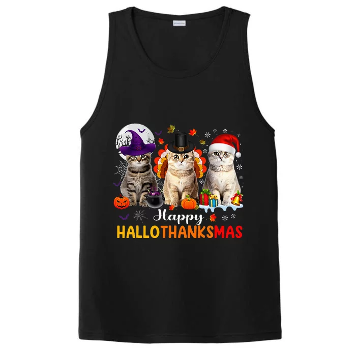 Happy Hallothanksmas Cats Halloween Thanksgiving Christmas Performance Tank