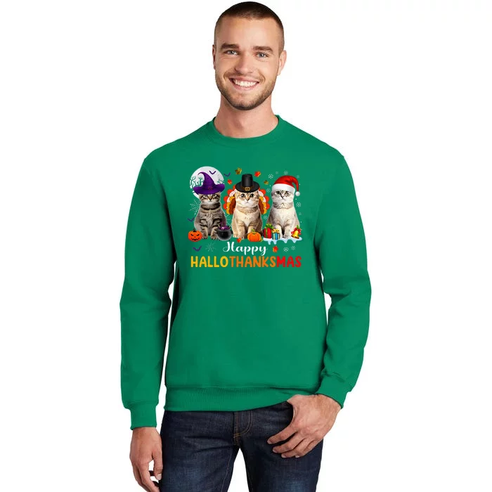 Happy Hallothanksmas Cats Halloween Thanksgiving Christmas Sweatshirt