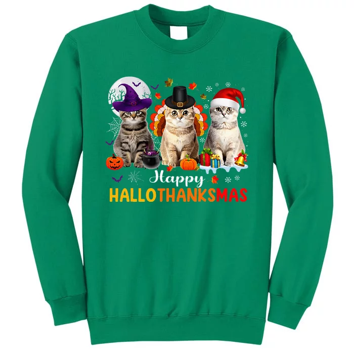 Happy Hallothanksmas Cats Halloween Thanksgiving Christmas Sweatshirt