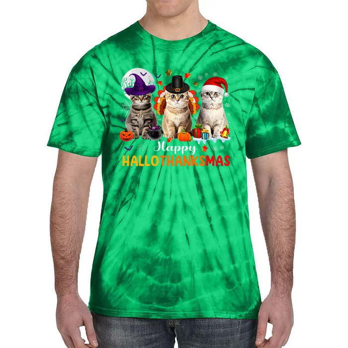 Happy Hallothanksmas Cats Halloween Thanksgiving Christmas Tie-Dye T-Shirt