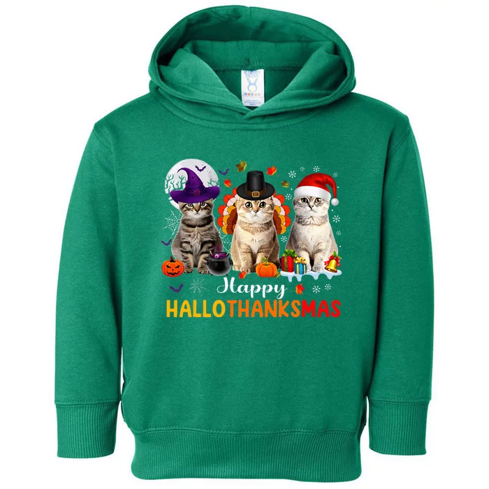 Happy Hallothanksmas Cats Halloween Thanksgiving Christmas Toddler Hoodie