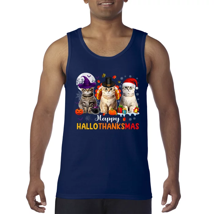 Happy Hallothanksmas Cats Halloween Thanksgiving Christmas Tank Top