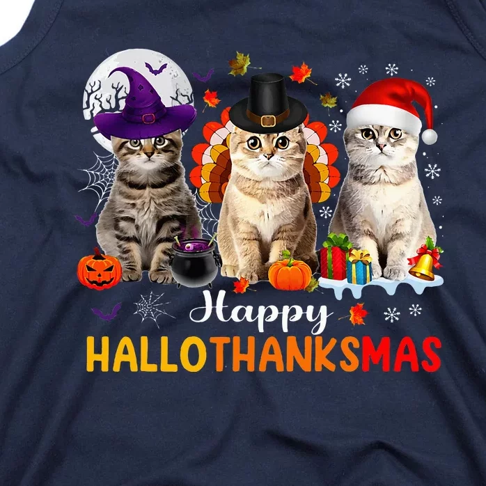 Happy Hallothanksmas Cats Halloween Thanksgiving Christmas Tank Top