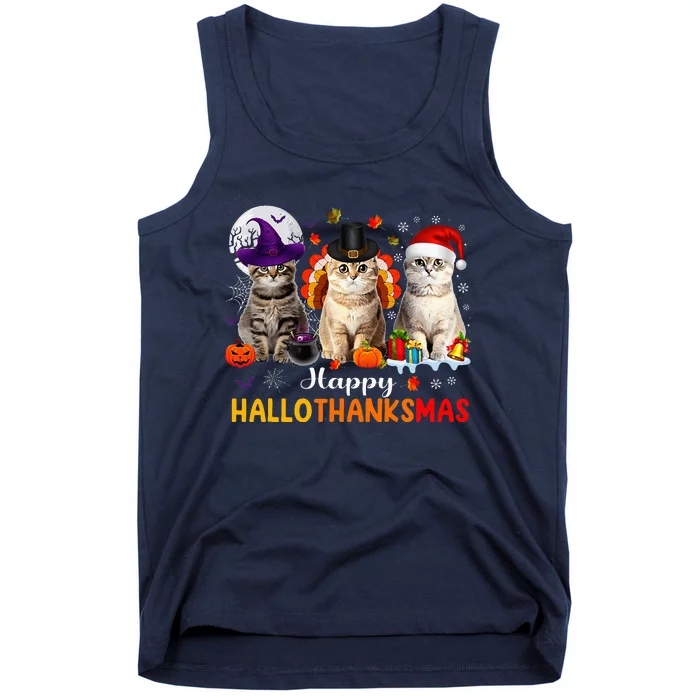 Happy Hallothanksmas Cats Halloween Thanksgiving Christmas Tank Top