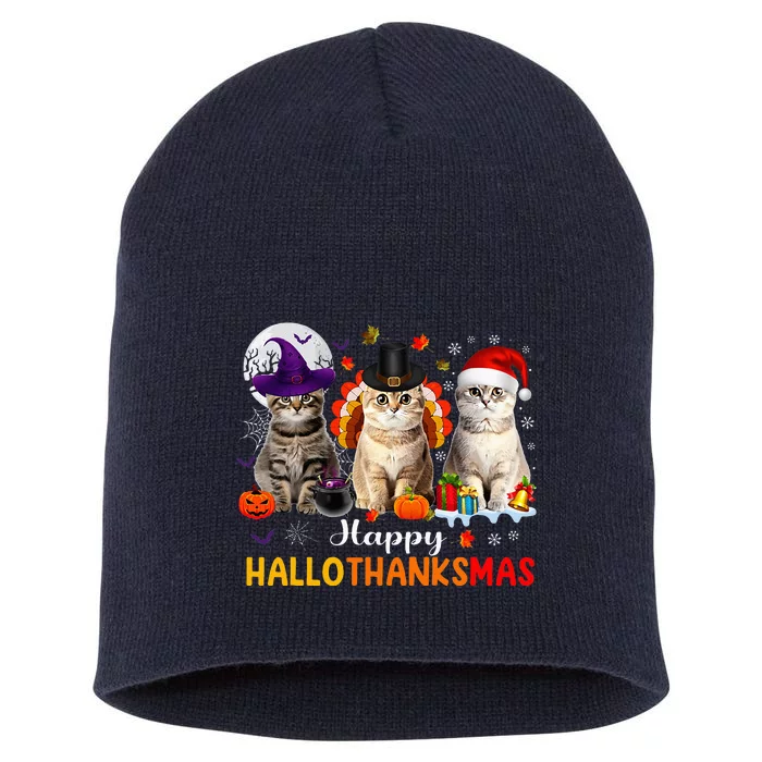 Happy Hallothanksmas Cats Halloween Thanksgiving Christmas Short Acrylic Beanie