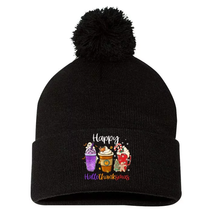 Happy Hallothanksmas Coffee Latte Halloween Thanksgiving Pom Pom 12in Knit Beanie