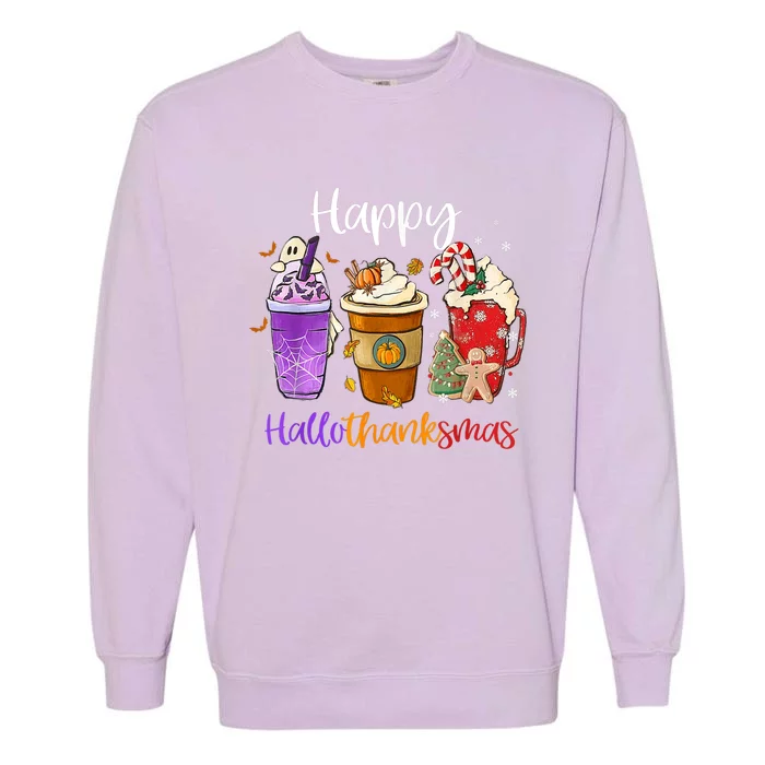 Happy Hallothanksmas Coffee Latte Halloween Thanksgiving Garment-Dyed Sweatshirt