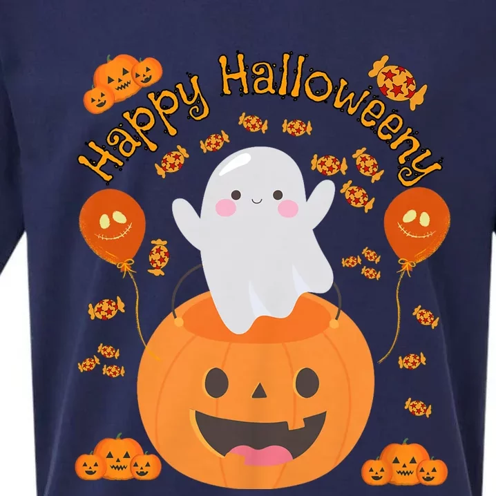 Happy Halloweeny Cute Boy And Girl Costume As A Ghost Sueded Cloud Jersey T-Shirt