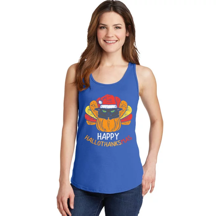 Happy Hallothanksmas Cat Turkey Cat Thanksgiving Christmas Great Gift Ladies Essential Tank