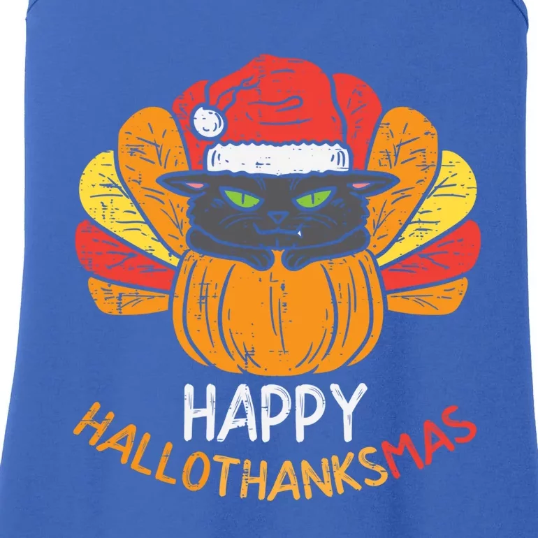 Happy Hallothanksmas Cat Turkey Cat Thanksgiving Christmas Great Gift Ladies Essential Tank