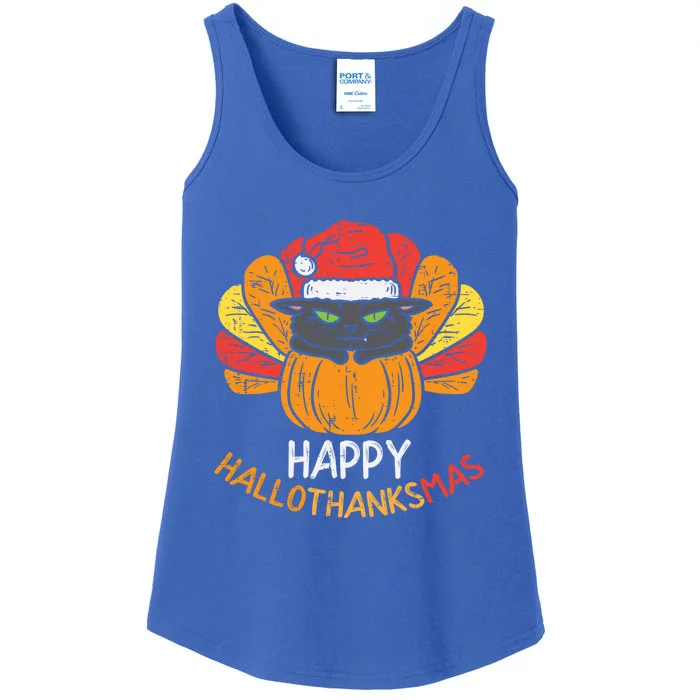 Happy Hallothanksmas Cat Turkey Cat Thanksgiving Christmas Great Gift Ladies Essential Tank