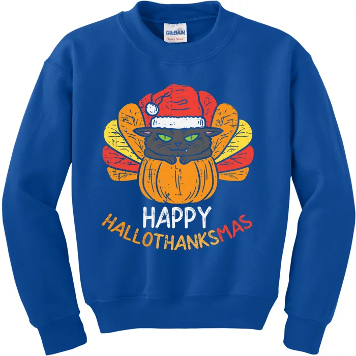 Happy Hallothanksmas Cat Turkey Cat Thanksgiving Christmas Great Gift Kids Sweatshirt