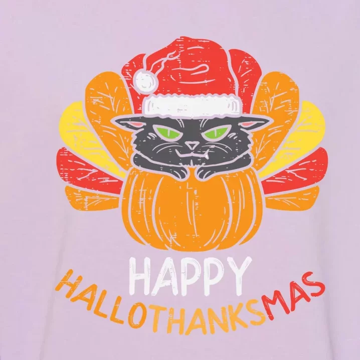 Happy Hallothanksmas Cat Turkey Cat Thanksgiving Christmas Great Gift Garment-Dyed Sweatshirt