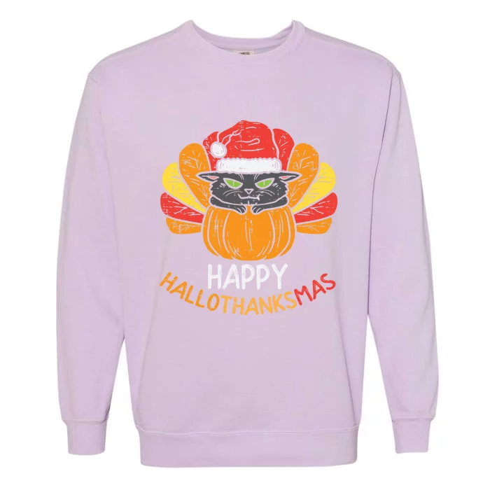 Happy Hallothanksmas Cat Turkey Cat Thanksgiving Christmas Great Gift Garment-Dyed Sweatshirt