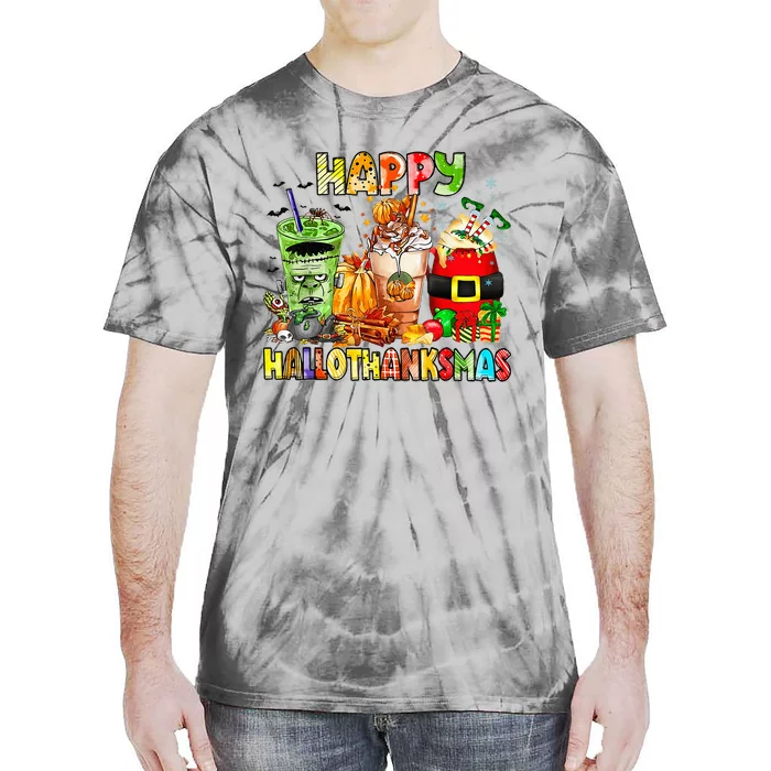 Happy Hallothanksmas Coffee Latte Halloween Thanksgiving Tie-Dye T-Shirt