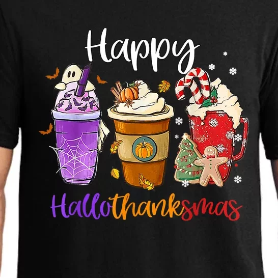 Happy Hallothanksmas Coffee Latte Halloween Thanksgiving Gift Pajama Set