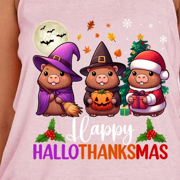 Happy Hallothanksmas Capybara Lover Halloween Fall Christmas Gift Women's Knotted Racerback Tank