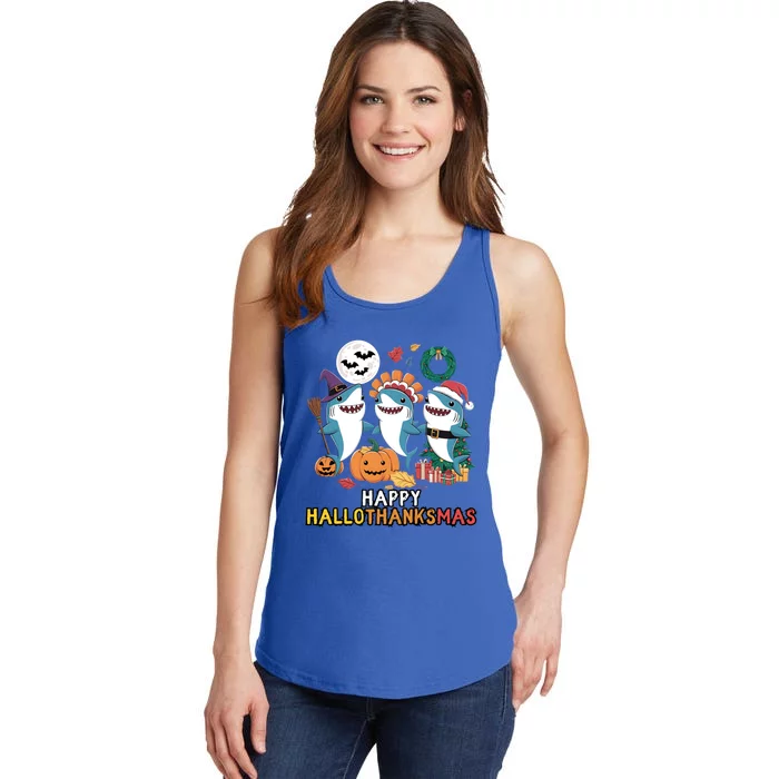 Happy Hallothanksmas Christmas Halloween Shark Thanksgiving Great Gift Ladies Essential Tank