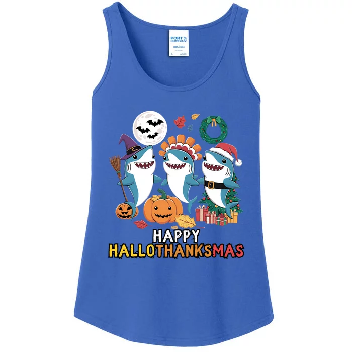 Happy Hallothanksmas Christmas Halloween Shark Thanksgiving Great Gift Ladies Essential Tank