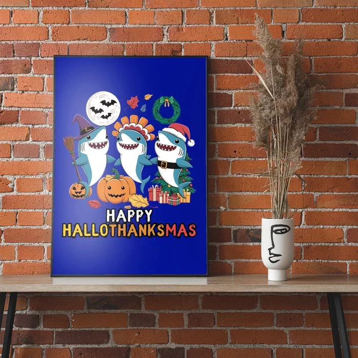 Happy Hallothanksmas Christmas Halloween Shark Thanksgiving Great Gift Poster